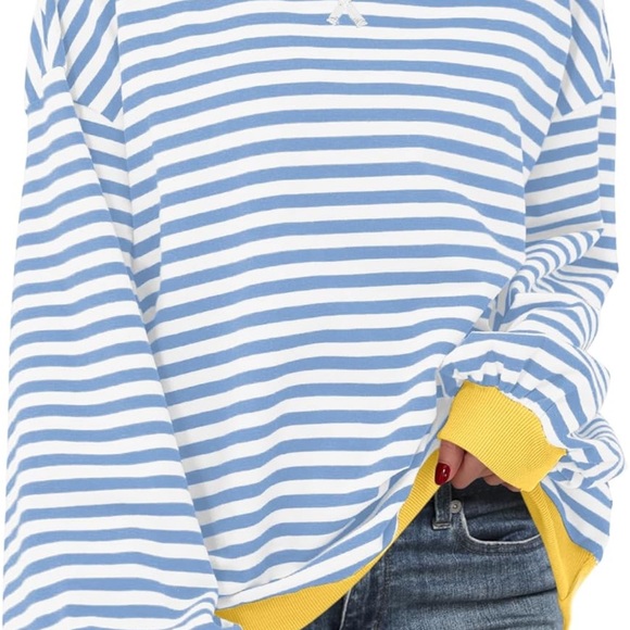 Tops - Blue and White Striped Sweater with Yellow Accents